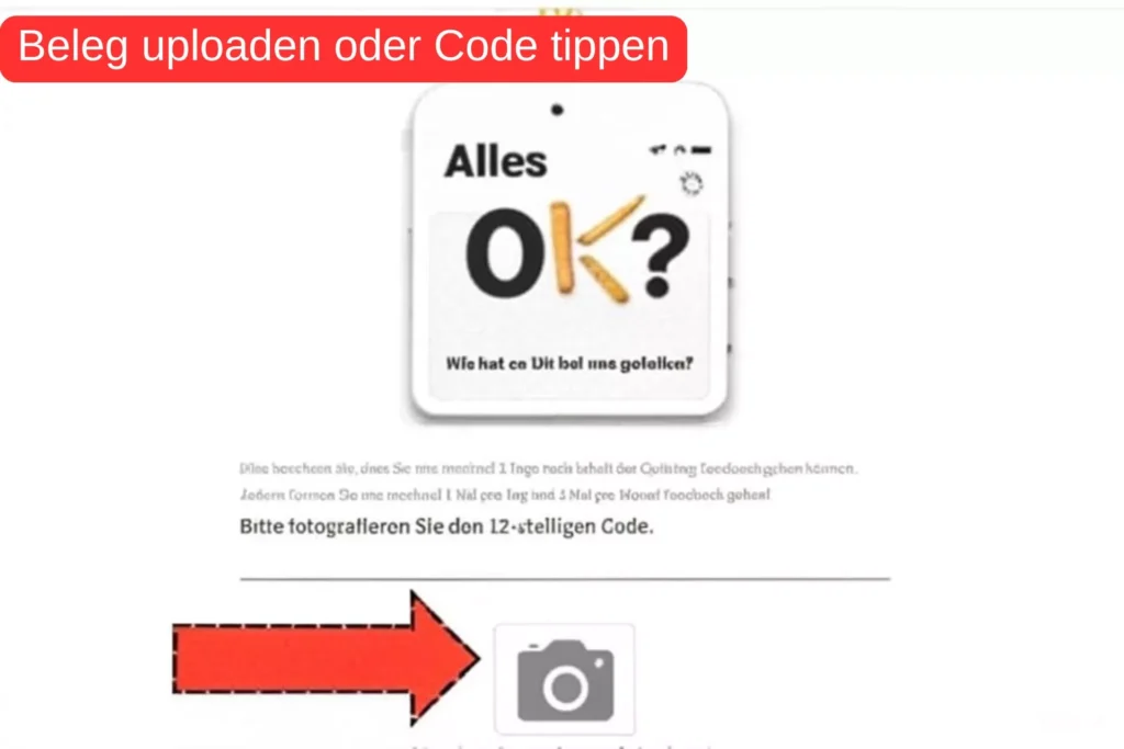 McDonald’s DeinFeedback Umfrage-Seite (www.mcdonaldsdeinfeedback) mit Beispiel-Code – Feedback abgeben und Belohnung (Kaffee, Cola oder 50 Cent) holen